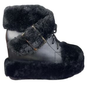 WTF X Anthony Wang Women’s Dialo Black Furry Wedge Boot Size US 8